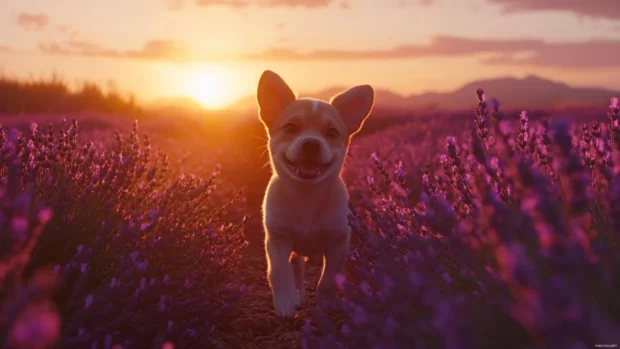 Adorable Puppy walking through a field of lavender at sunset.