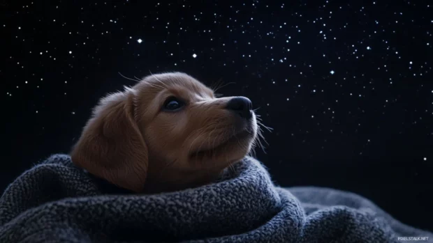 Adorable Puppy watching the stars with a blanket wrapped around it.