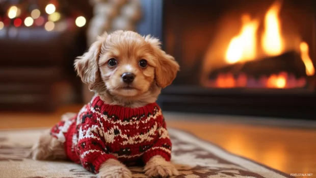 Adorable Puppy wearing a holiday sweater beside a fireplace.