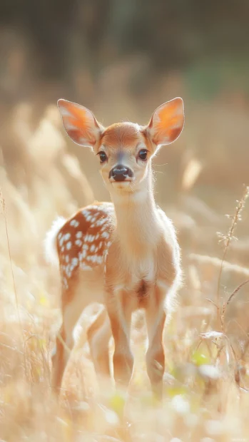 Adorable baby deer with big sparkly eyes standing in a pastel meadow.
