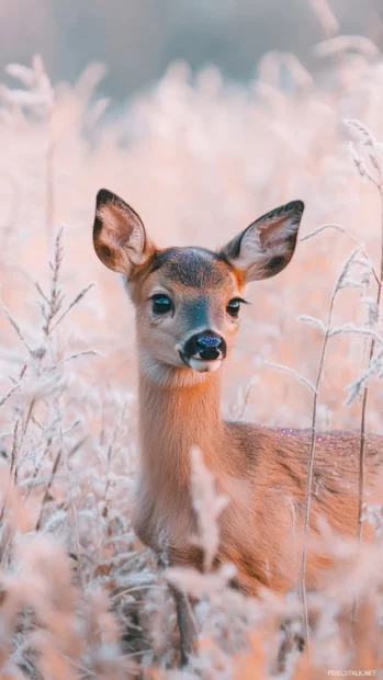 Adorable baby deer with big sparkly eyes standing in a pastel meadow.
