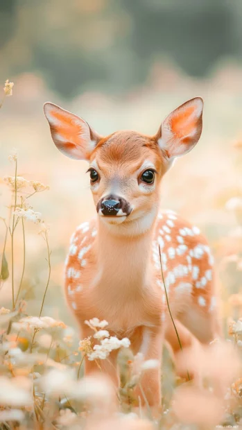 Adorable baby deer with big sparkly eyes standing in a pastel meadow.
