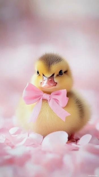Adorable baby duck with a tiny pink bow sitting on a pastel lake.