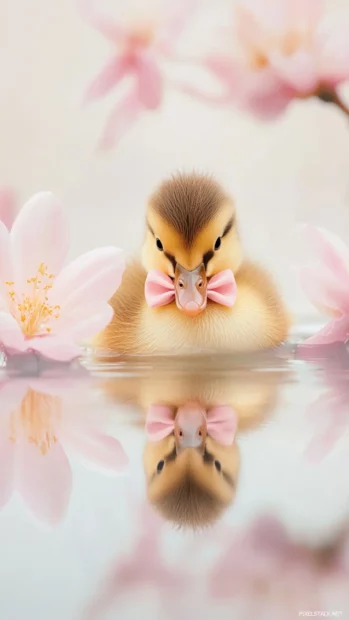 Adorable baby duck with a tiny pink bow sitting on a pastel lake.