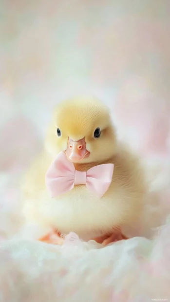Adorable baby duck with a tiny pink bow sitting on a pastel lake.