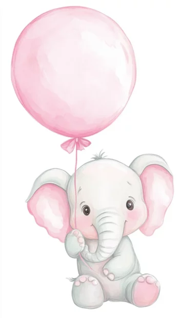 Adorable baby elephant holding a pastel pink balloon in a watercolor style.