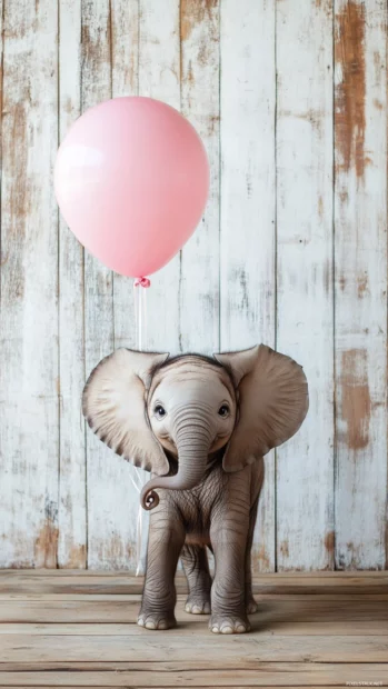 Adorable baby elephant holding a pastel pink balloon in a watercolor style.