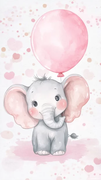 Adorable baby elephant holding a pastel pink balloon in a watercolor style.