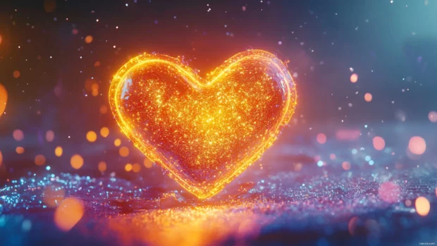 Adorable floating neon heart surrounded by sparkles, Cute neon heart design.