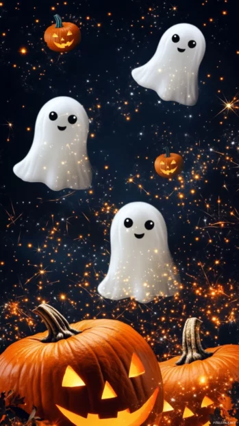 Adorable ghost tiles repeat with pumpkins and sparkles in a Halloween Cute Ghost Wallpapers theme.