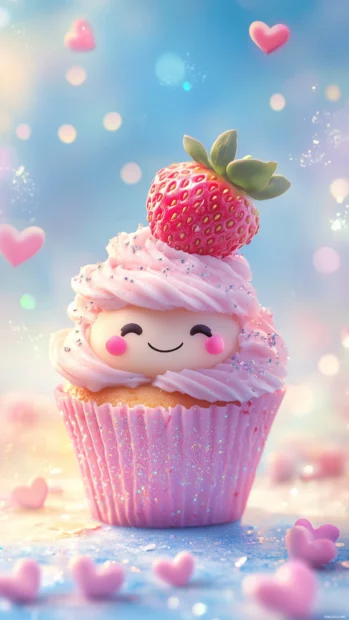 Adorable kawaii style strawberry cupcake with a cute smiling face and strawberry on top, surrounded by small hearts and soft sparkles on a pastel sky blue background.