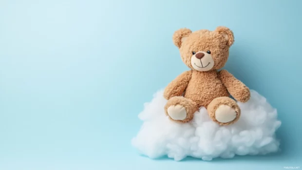 Adorable kawaii style teddy bear sitting on a fluffy cloud.