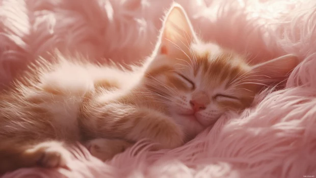 Adorable kitten sleeping on a fluffy pink pillow with soft lighting.