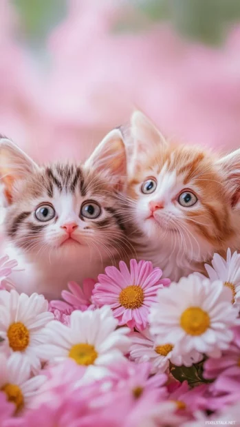 Adorable kittens surrounded by flowers in a pink girly wallpaper style.