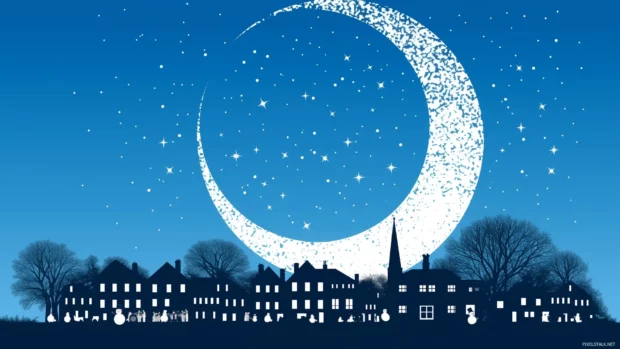 Adorable snowmen and animals building forts in a winter village, moonlit sky with stars.