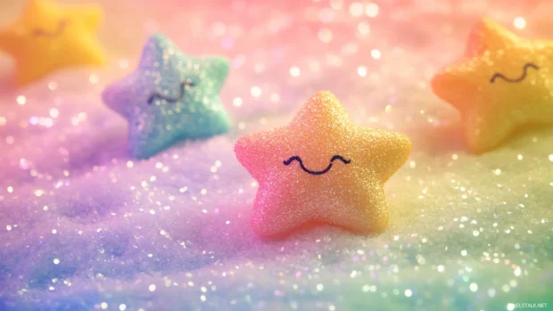 Adorable stars wrapped in rainbow beams, drifting peacefully across adorable starry wallpaper for desktop.