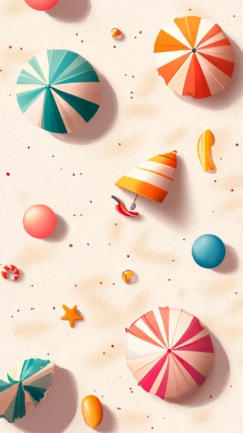 Adorable summertime theme with tiny umbrellas and colorful beach balls on light backgrounds.
