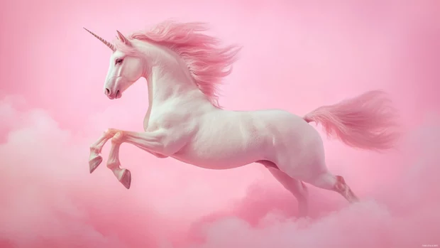 Adorable unicorn with pastel rainbow mane flying in a pink sky.