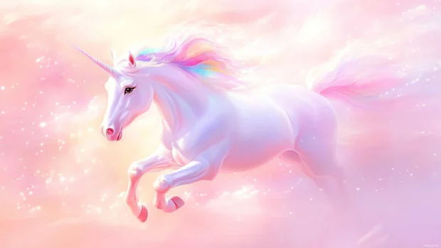 Adorable unicorn with pastel rainbow mane flying in a pink sky.