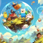 Adventure Time characters floating on a bubble island.