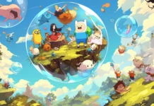 Adventure Time characters floating on a bubble island.