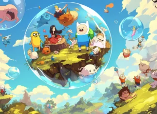 Adventure Time characters floating on a bubble island.