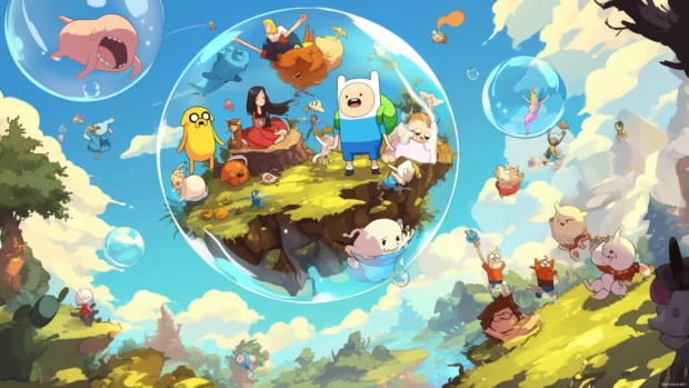 Adventure Time characters floating on a bubble island.