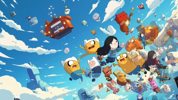 Adventure Time characters flying over an 8 bit game map on clouds.