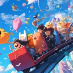 Adventure Time characters on a roller coaster through candy meteors.