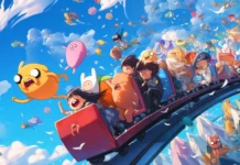 Adventure Time characters on a roller coaster through candy meteors.