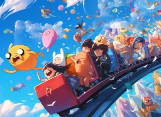 Adventure Time characters on a roller coaster through candy meteors.
