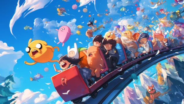 Adventure Time characters on a roller coaster through candy meteors.