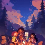 Adventure Time crew laughing around a bonfire with toasty marshmallows.