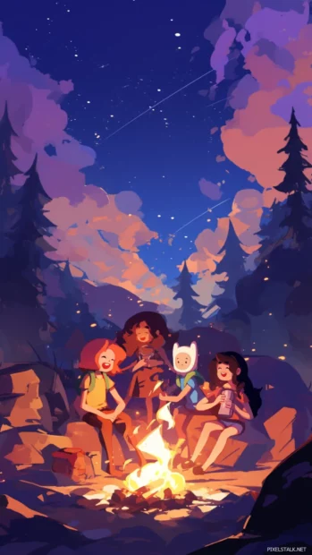 Adventure Time crew laughing around a bonfire with toasty marshmallows.