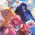 Adventure Time crew wearing animal onesies under rainbow skies.