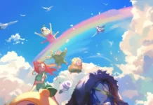 Adventure Time crew wearing animal onesies under rainbow skies.