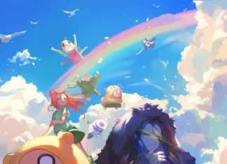 Adventure Time crew wearing animal onesies under rainbow skies.