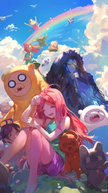 Adventure Time crew wearing animal onesies under rainbow skies.