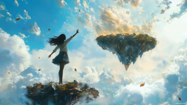 Adventurous anime girl reaching out toward a floating island in the sky.