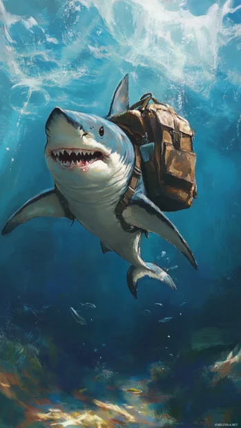 Adventurous shark with backpack heading to sea school.