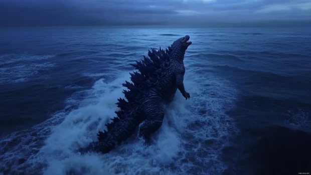 Aerial drone view of Godzilla walking into the ocean at dusk.