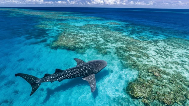 Aerial underwater shot of whale shark gliding through reef edge.