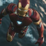 Aerial view of Iron Man flying over the ocean.