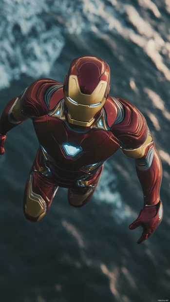 Aerial view of Iron Man flying over the ocean.