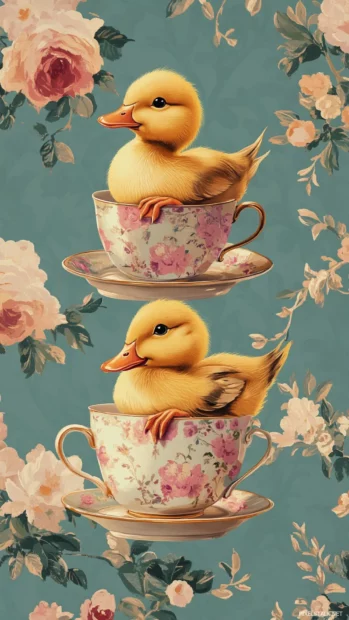 Aesthetic Duck Wallpapers of ducks sitting in teacups with vintage floral backgrounds.