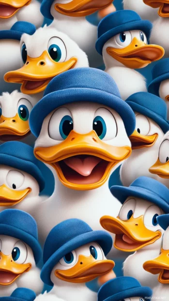 Aesthetic Duck Wallpapers where cartoon ducks repeat across tiles with playful expressions and hats.