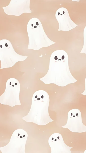 Aesthetic Ghost Wallpapers design with white cartoon ghosts floating in delicate tile symmetry over tan.