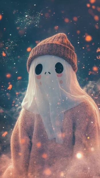 Aesthetic Ghost Wallpapers with dreamy floating ghosts wearing oversized sweaters and beanies.