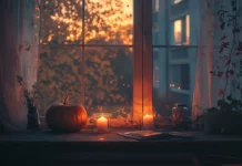 Aesthetic Halloween Windows Wallpapers with cozy candlelit pumpkins.