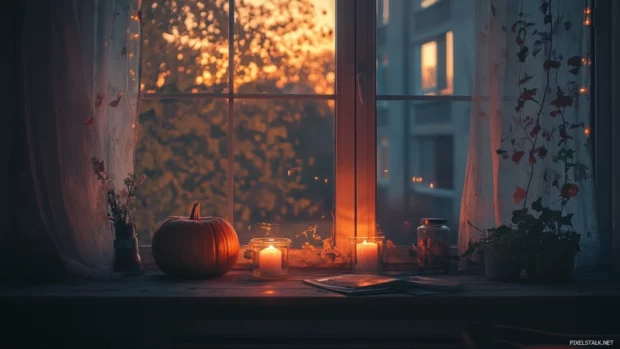 Aesthetic Halloween Windows Wallpapers with cozy candlelit pumpkins.